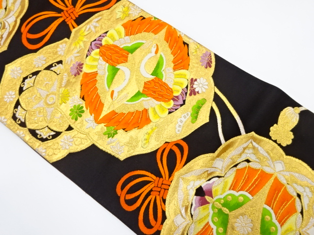 JAPANESE KIMONO / ANTIQUE FUKURO OBI / SILK / WOVEN CRANE & BUTTERFLY